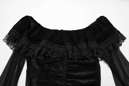 Elegant goth mesh dress by Punk Rave with ruffled edges, featuring a unique fishtail hem for a luxurious silhouette.