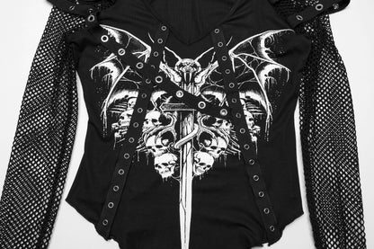 Elegant Punk Rave Vonda off-shoulder printed t-shirt featuring a striking bat skull cross design, crafted from soft stretchy fabric for luxurious comfort.