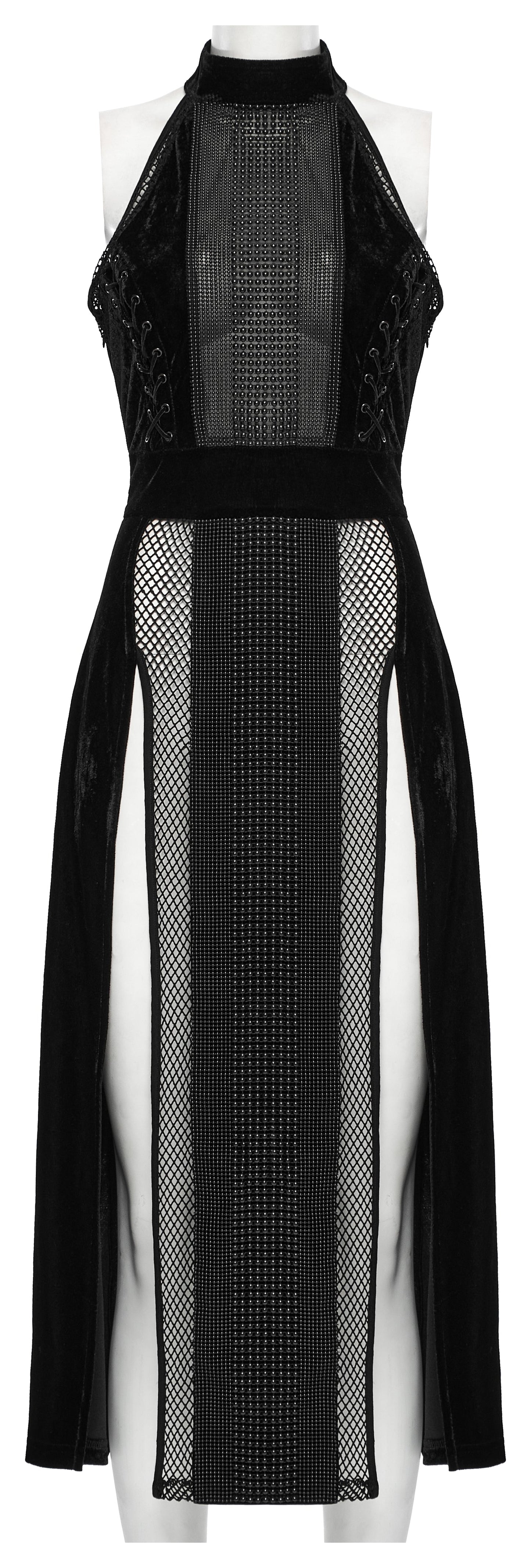 Side view of the seductive thigh-high slit on the Punk Rave Selene Black Velvet Mesh Dress, showcasing its daring design for alternative fashion enthusiasts.