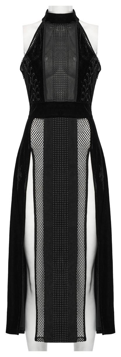 Side view of the seductive thigh-high slit on the Punk Rave Selene Black Velvet Mesh Dress, showcasing its daring design for alternative fashion enthusiasts.