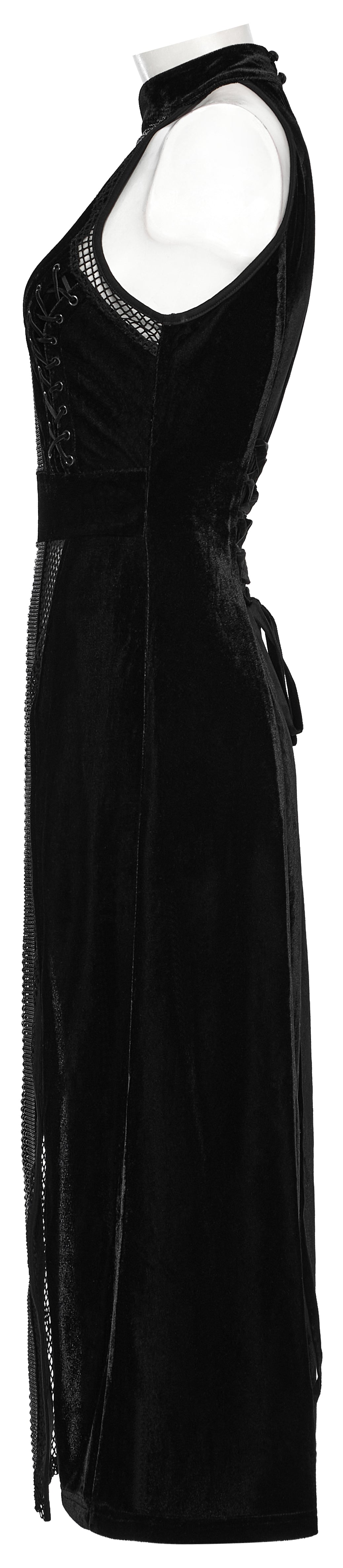 Back view of the Punk Rave Selene Black Velvet Mesh High Slit Goth Dress highlighting the corset-style lace-up feature for a customizable and elegant fit.
