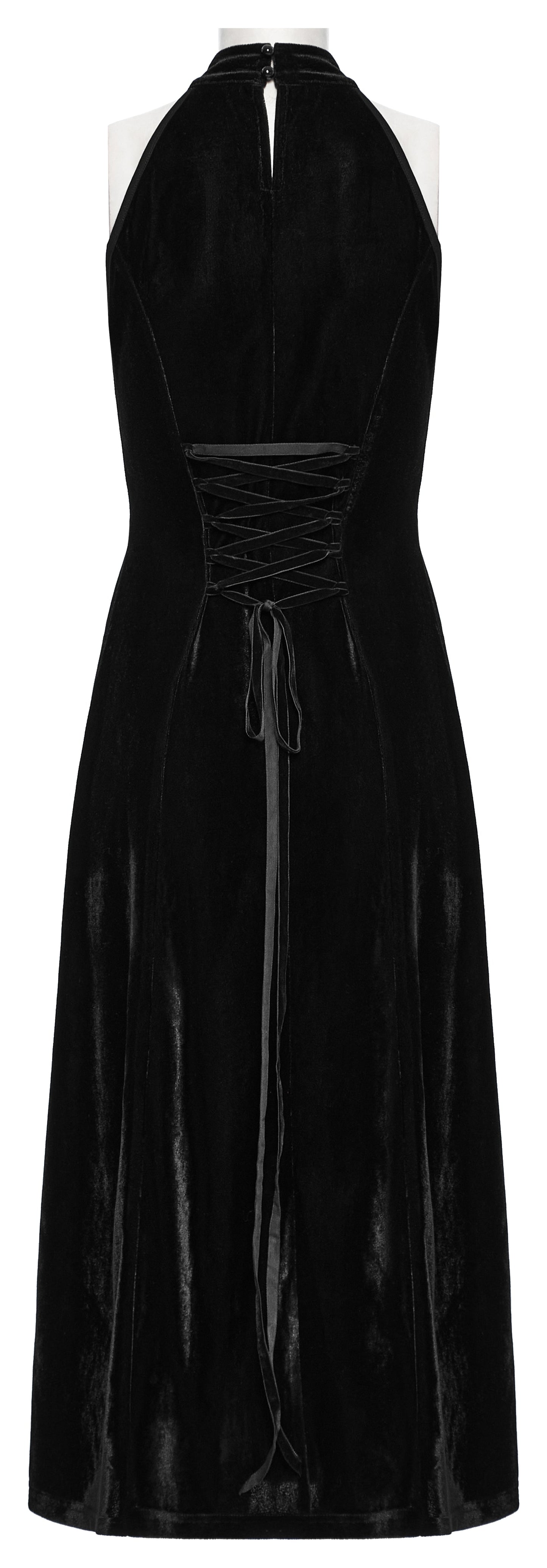 Full-length image of the Punk Rave Selene Black Velvet Mesh High Slit Goth Dress, ideal for dark soirées and gothic glamour events, demonstrating its luxurious fabric and silhouette.
