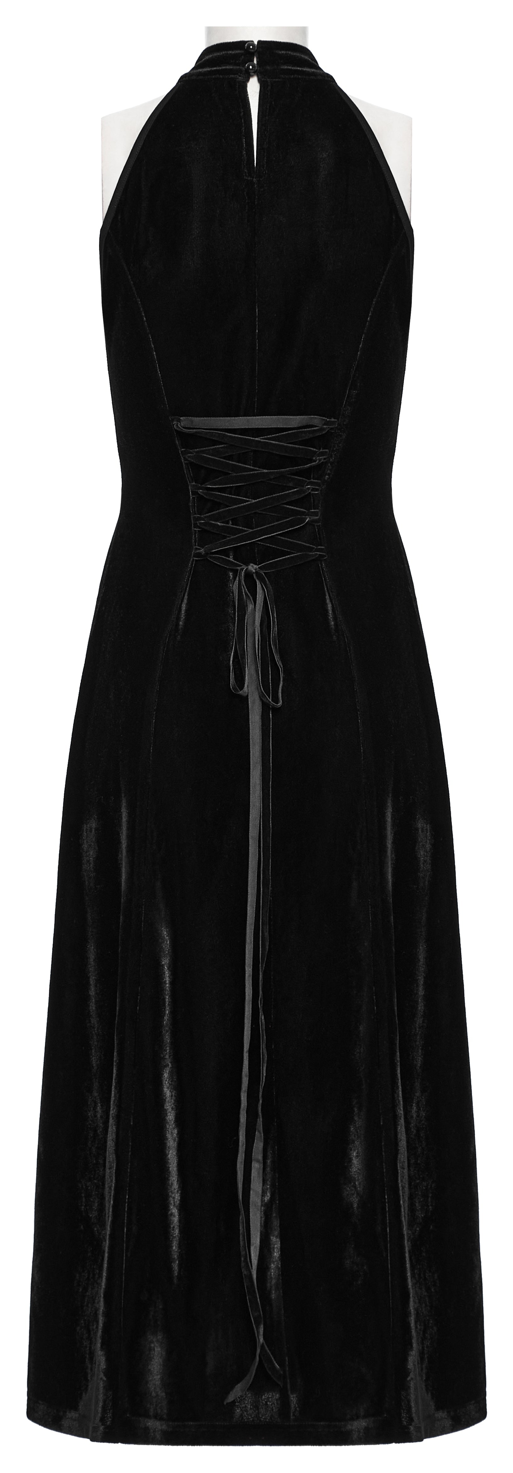 Full-length image of the Punk Rave Selene Black Velvet Mesh High Slit Goth Dress, ideal for dark soirées and gothic glamour events, demonstrating its luxurious fabric and silhouette.