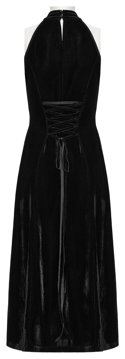 Full-length image of the Punk Rave Selene Black Velvet Mesh High Slit Goth Dress, ideal for dark soirées and gothic glamour events, demonstrating its luxurious fabric and silhouette.