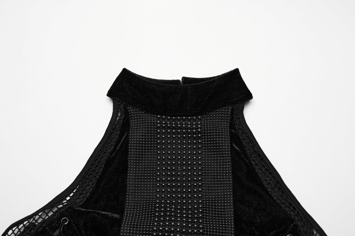 Punk Rave Selene Black Velvet Mesh High Slit Goth Dress showcasing luxurious fabric and intricate bead embellishments on a sleek halter neck silhouette.