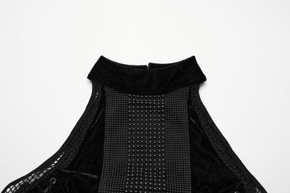 Punk Rave Selene Black Velvet Mesh High Slit Goth Dress showcasing luxurious fabric and intricate bead embellishments on a sleek halter neck silhouette.