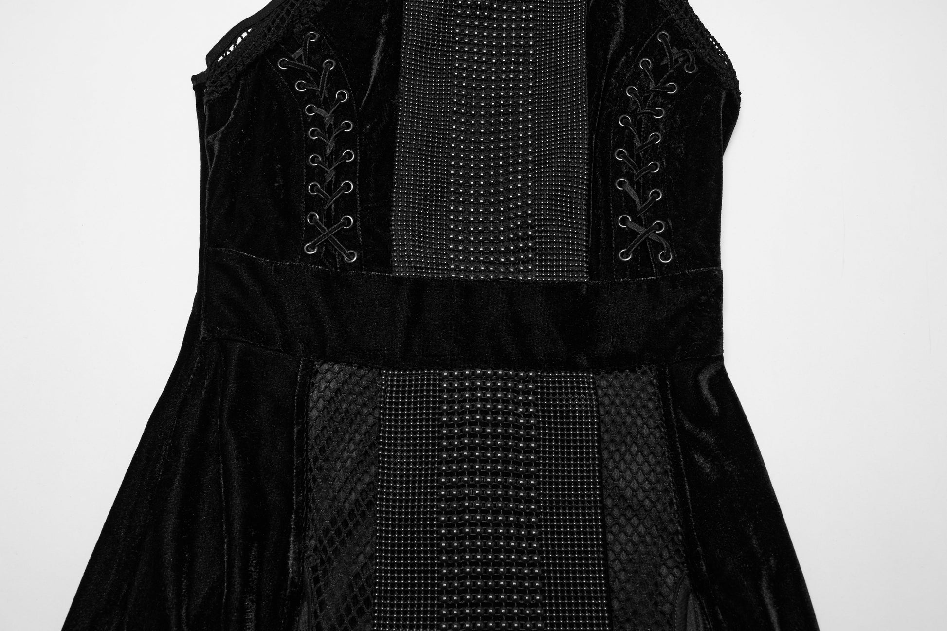Back view of the Punk Rave Selene Goth Dress highlighting the corset-style lace-up detail and sheer mesh panels for a stunning fit.