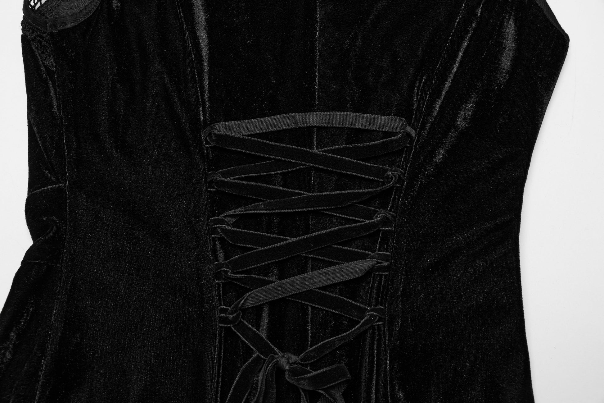 Close-up of the Punk Rave Selene Black Velvet Dress featuring the dramatic thigh-high slit and elegant beading on the bodice.