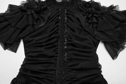 Elegant Punk Rave Nova Gothic dress showcasing intricate lace and mesh details, adorned with bead embroidery and playful shoulder ruffles, designed for a luxurious gothic aesthetic.
