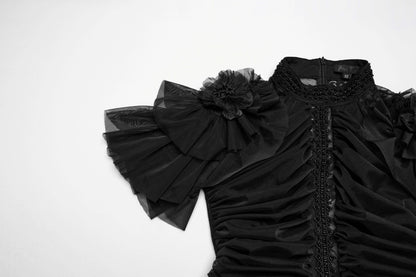 Close-up view of the Punk Rave Nova Gothic dress highlighting the exquisite bead embroidery and ruffled shoulder trim, perfect for an elegant yet rebellious look.