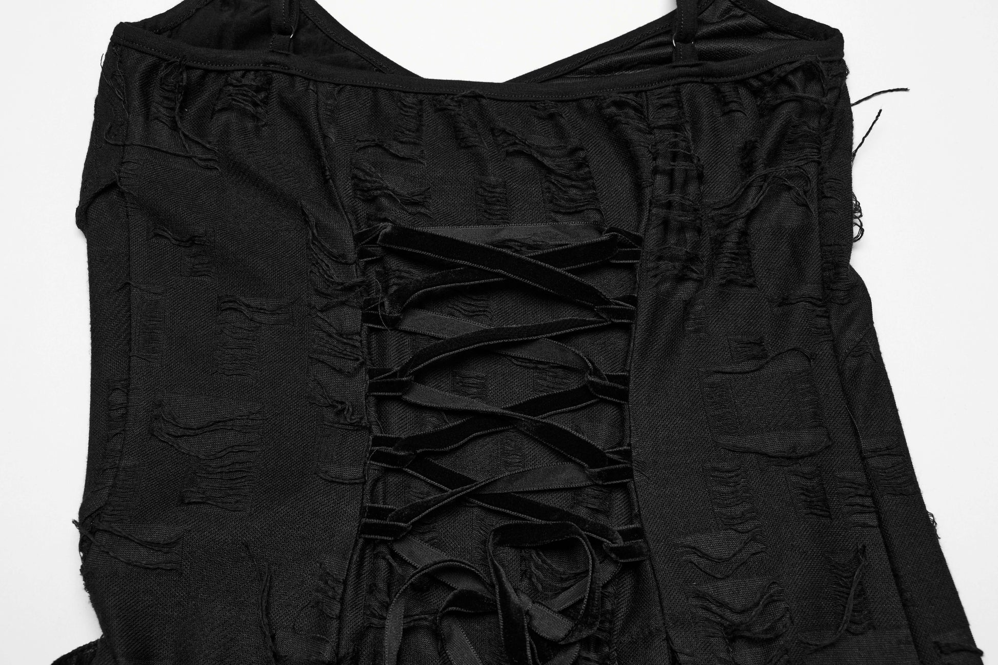 Full-length display of the Punk Rave Asymmetric Honey Dress, illustrating its playful design with a mix of mesh and asymmetrical layers for a striking gothic aesthetic.