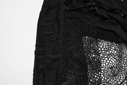 Luxurious Punk Rave asymmetric honey dress featuring intricate lace straps and tattered knit fabric, showcasing a unique split design perfect for gothic fashion enthusiasts.
