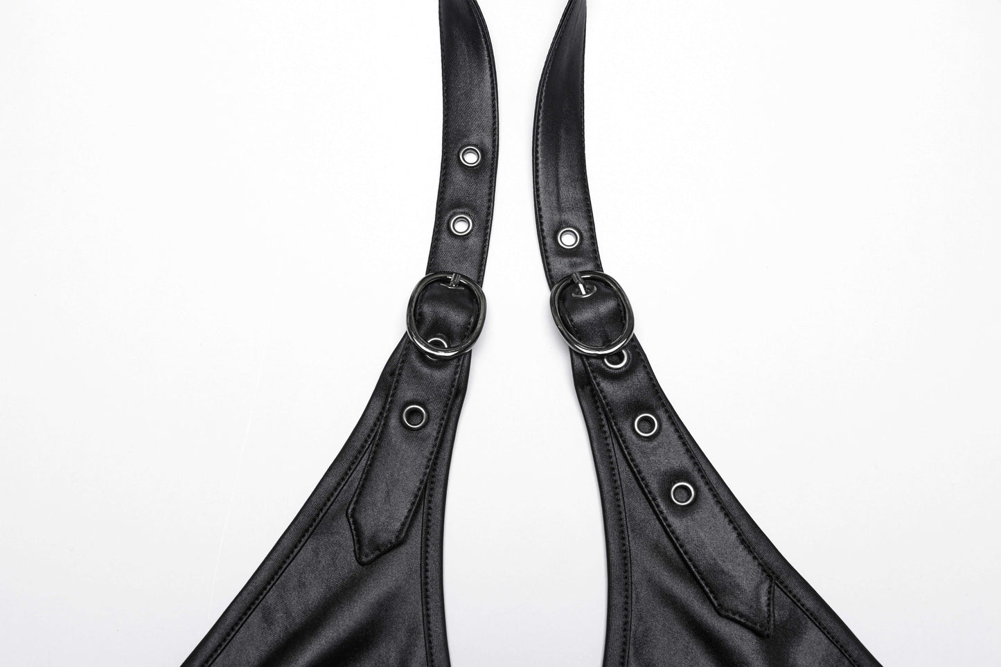 The Punk Rave Tirza Halter Neck Dress displayed with a focus on its unique design elements, including the hollow chest feature and stylish mesh details, epitomising contemporary punk fashion.