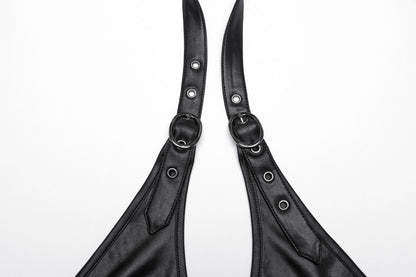 The Punk Rave Tirza Halter Neck Dress displayed with a focus on its unique design elements, including the hollow chest feature and stylish mesh details, epitomising contemporary punk fashion.