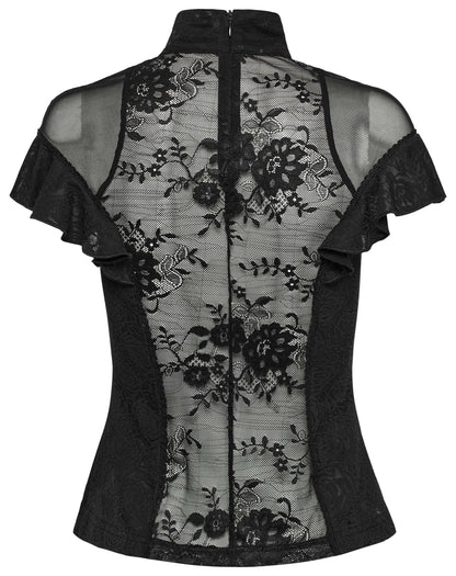 Back view of the Punk Rave Gothic Top with a stunning lace back detail, complemented by a discreet invisible zipper for a seamless fit.