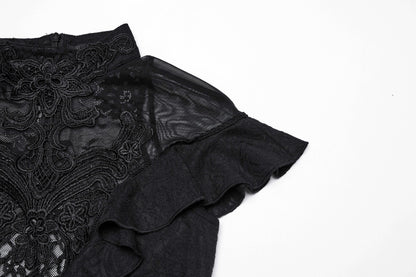 Full length shot of the model wearing the Punk Rave Gothic Applique Top, highlighting the fashionable blend of gothic style and luxury comfort.