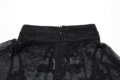 Chic back view of Punk Rave Gothic Applique Top featuring a stunning lace back design, designed for those who embrace gothic elegance and playful style.