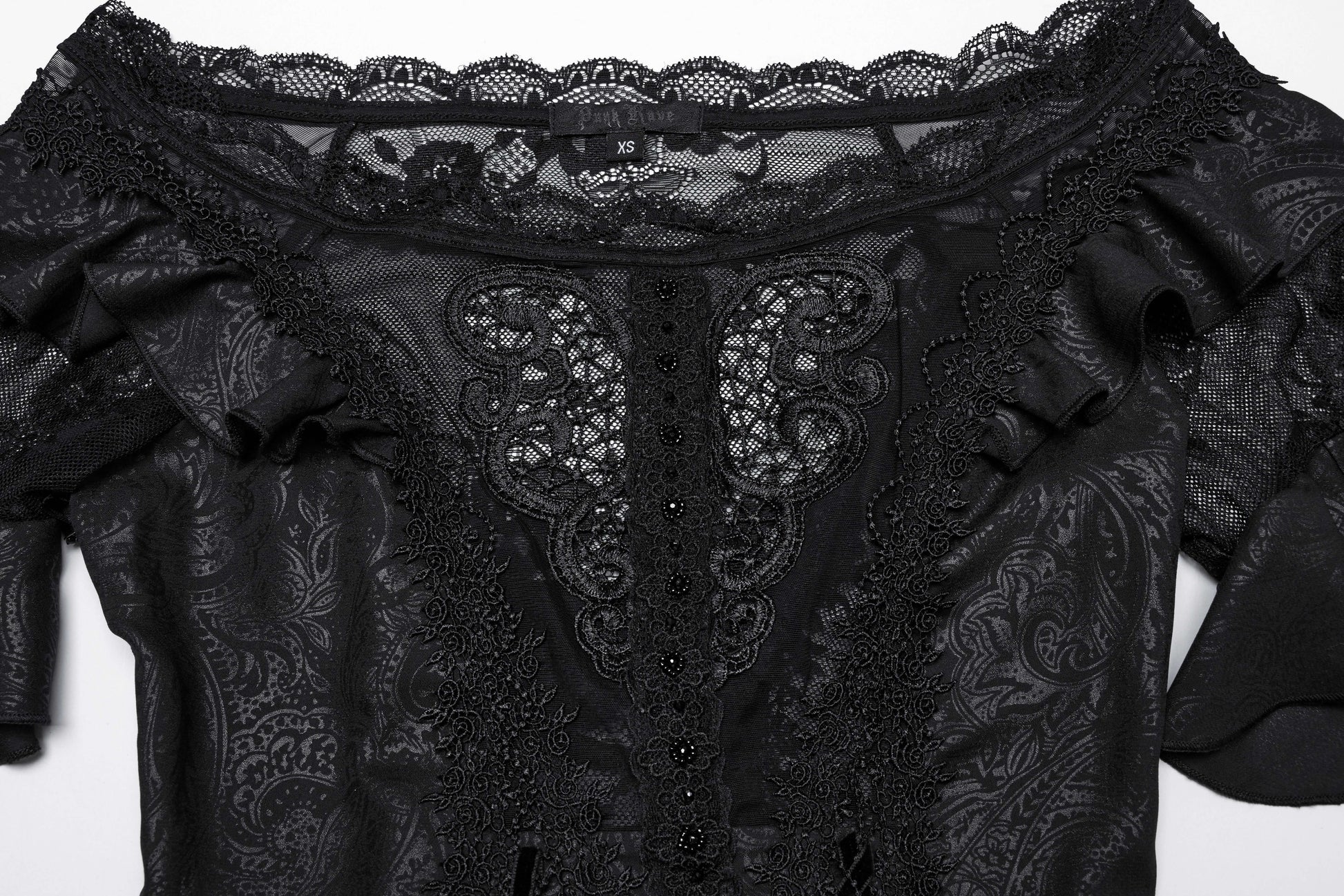 Close-up of the enchanting hollow applique on the Punk Rave Jezebel Elf Off Shoulder Dress, highlighting its delicate craftsmanship and luxurious texture.