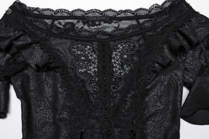 Close-up of the enchanting hollow applique on the Punk Rave Jezebel Elf Off Shoulder Dress, highlighting its delicate craftsmanship and luxurious texture.