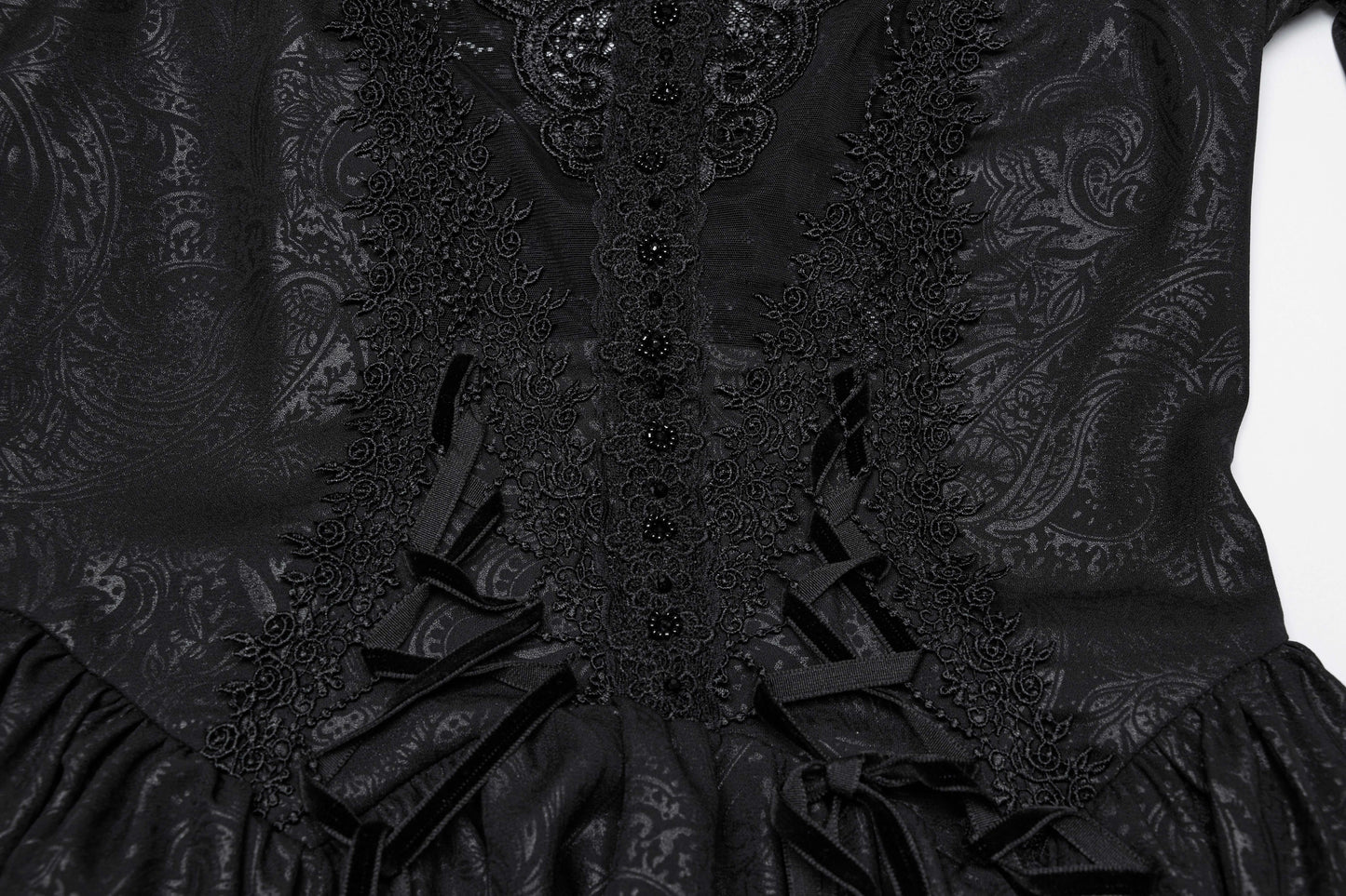 Elegant Punk Rave Jezebel Elf Off Shoulder Dress showcasing ruffled sleeves and intricate lace details in a fantasy chiffon fabric, perfect for a whimsical occasion.