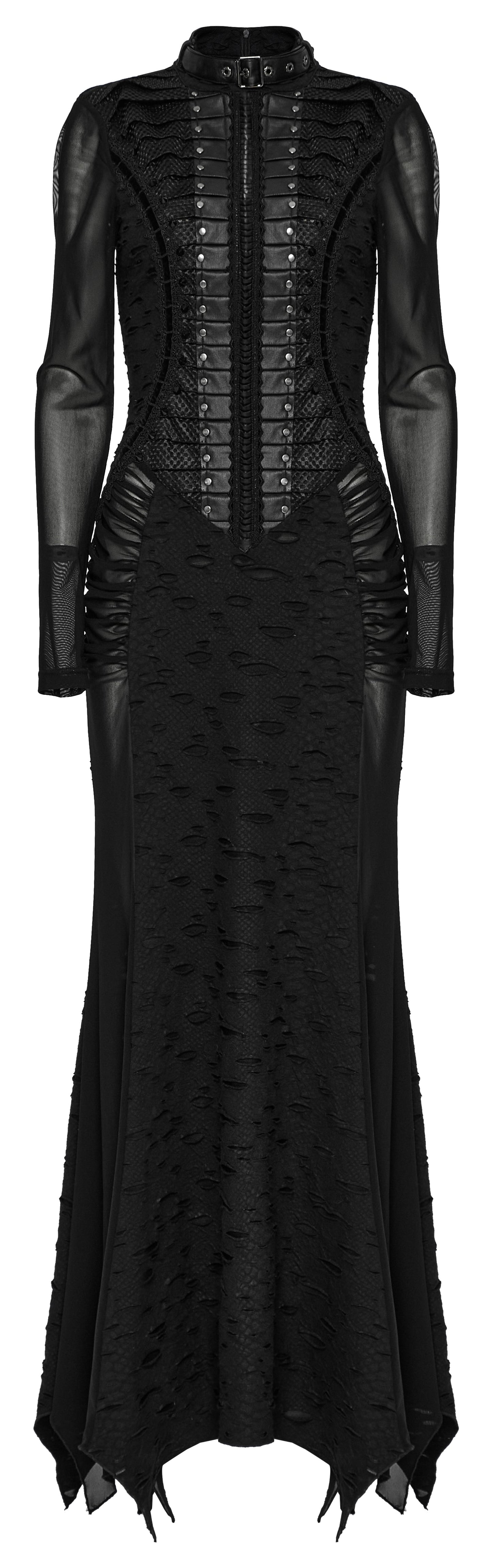 The striking front view of the Punk Rave Seraphine Black Maxi Dress, featuring intricate lace inserts and bold embellishments that accentuate gothic elegance.