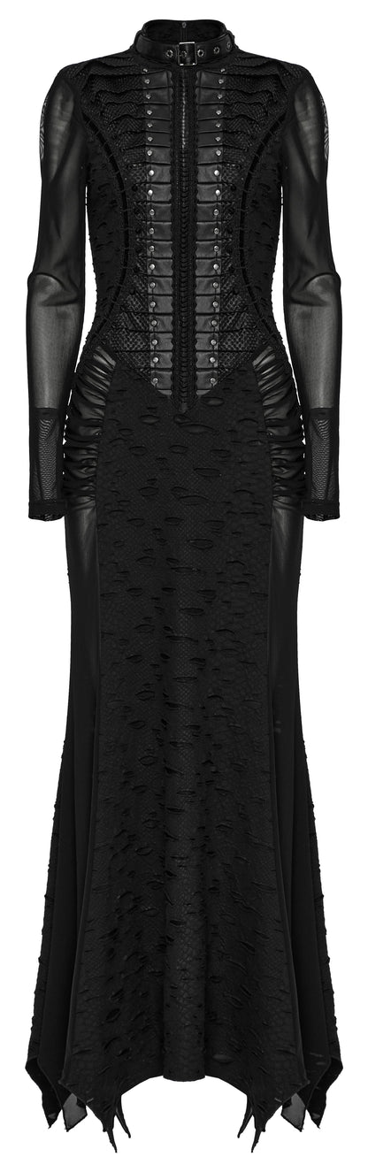 The striking front view of the Punk Rave Seraphine Black Maxi Dress, featuring intricate lace inserts and bold embellishments that accentuate gothic elegance.