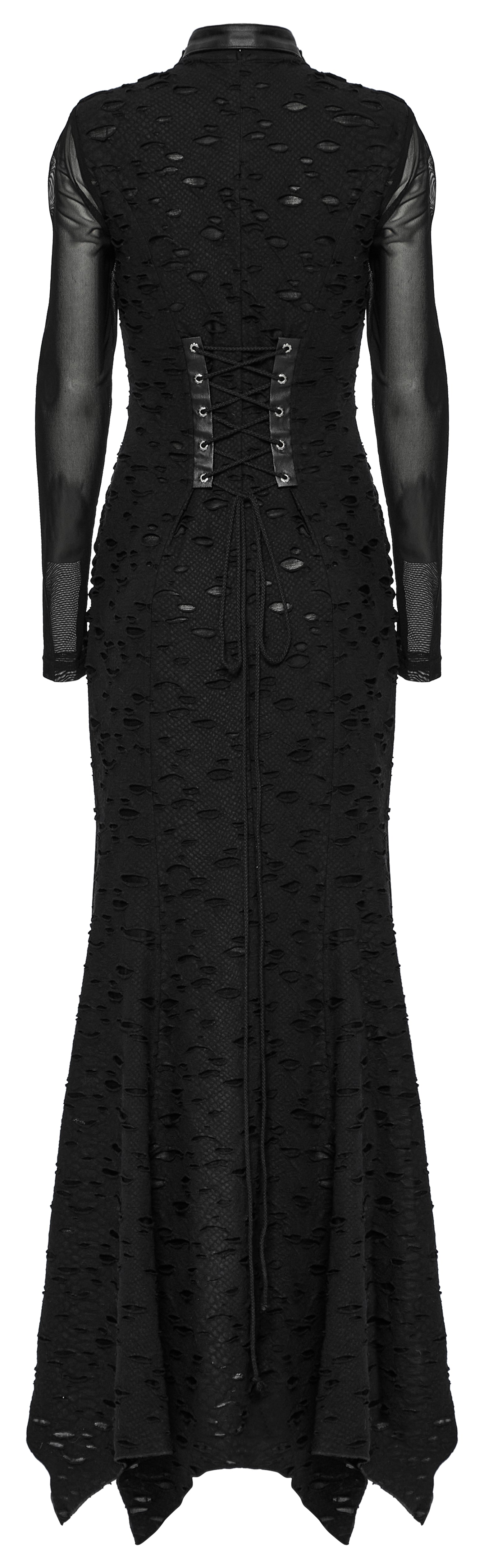 Full-length view of the Punk Rave Seraphine Black Maxi Dress, highlighting its dramatic silhouette and unique design elements, perfect for a dark fantasy aesthetic.