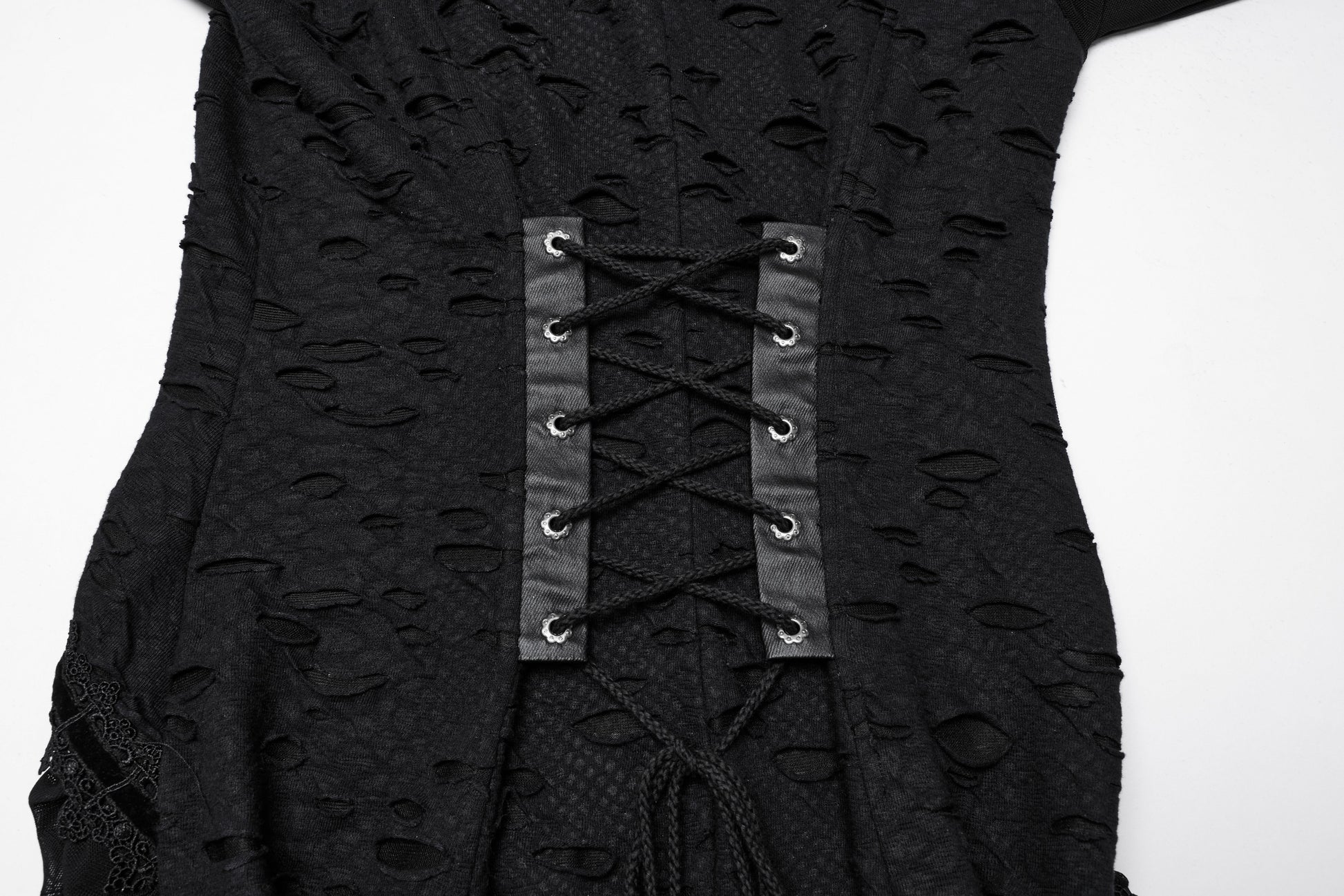 Full-length view of the Punk Rave Seraphine Maxi Dress, highlighting the tattered-effect composite mesh and pleated front panel.