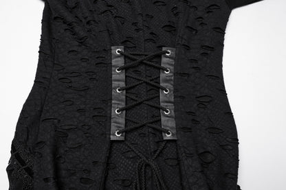 Full-length view of the Punk Rave Seraphine Maxi Dress, highlighting the tattered-effect composite mesh and pleated front panel.