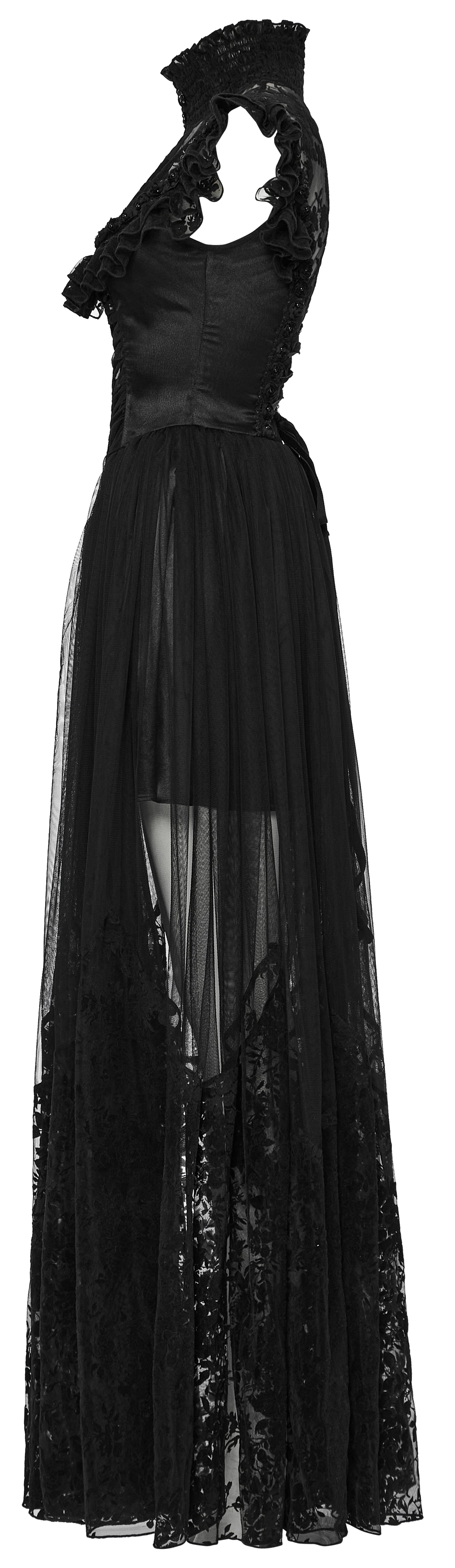 Delicate lace ruffle trim embellished with roses and pearls on the Punk Rave Seraphina Goth Flying Sleeve Dress, epitomizing opulent detailing.