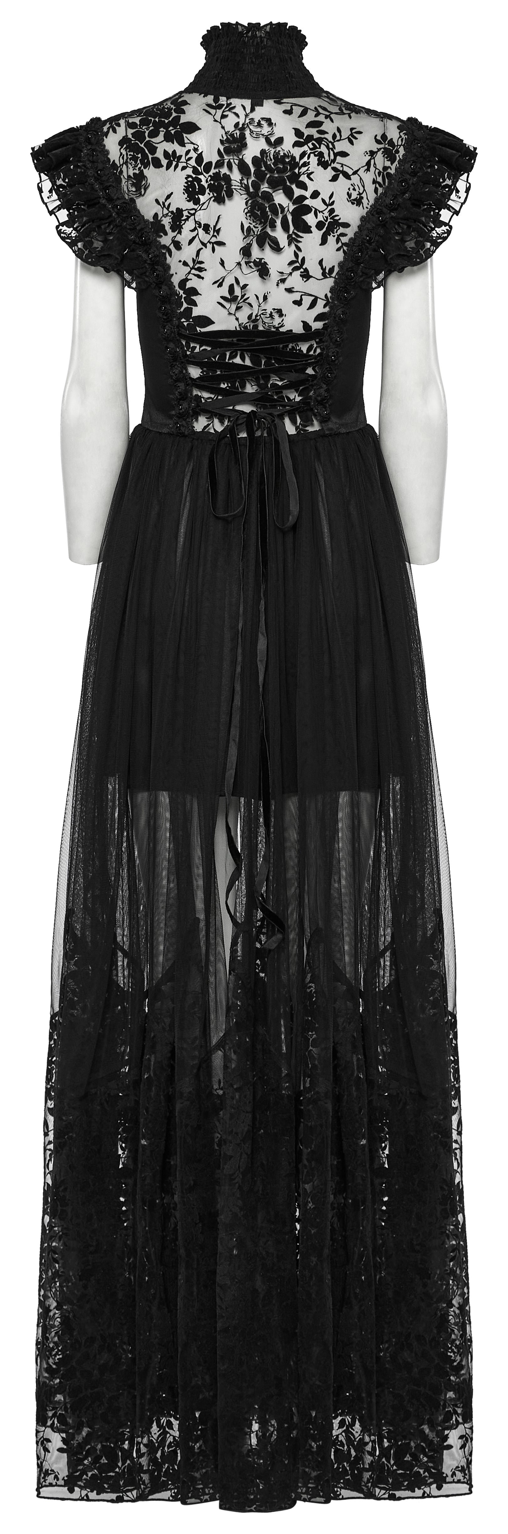 Flowing mesh skirt overlay of the Punk Rave Seraphina Goth Dress, enhancing movement and drama, perfect for gothic soirée styling.
