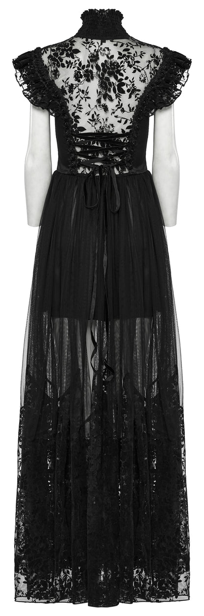 Flowing mesh skirt overlay of the Punk Rave Seraphina Goth Dress, enhancing movement and drama, perfect for gothic soirée styling.