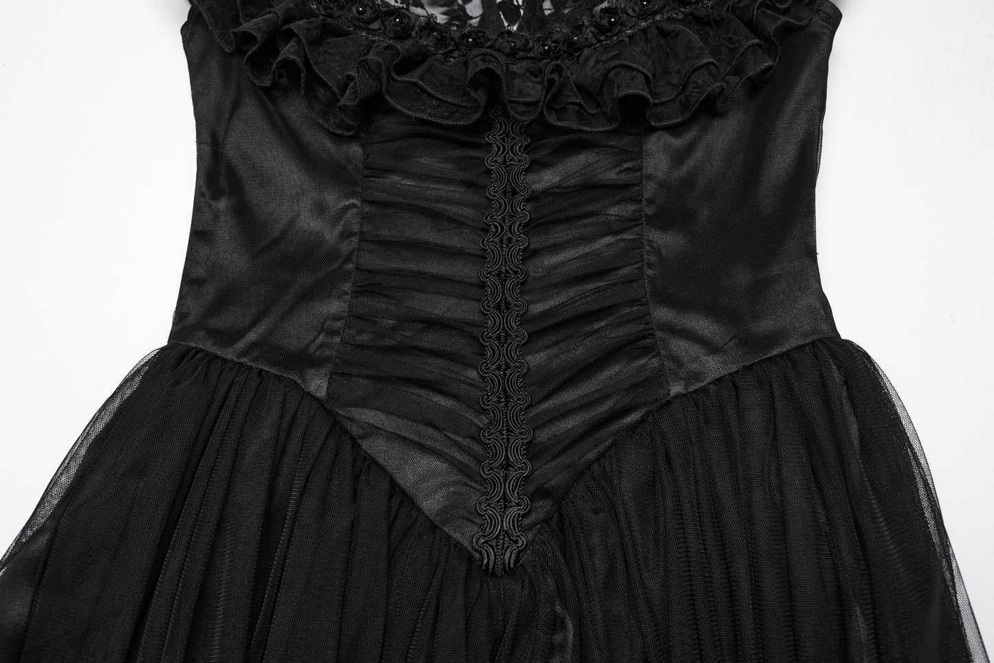 Close-up of the corset bodice of the Punk Rave Seraphina Goth dress, highlighting the luxurious lace ruffle trim and rose embellishments.