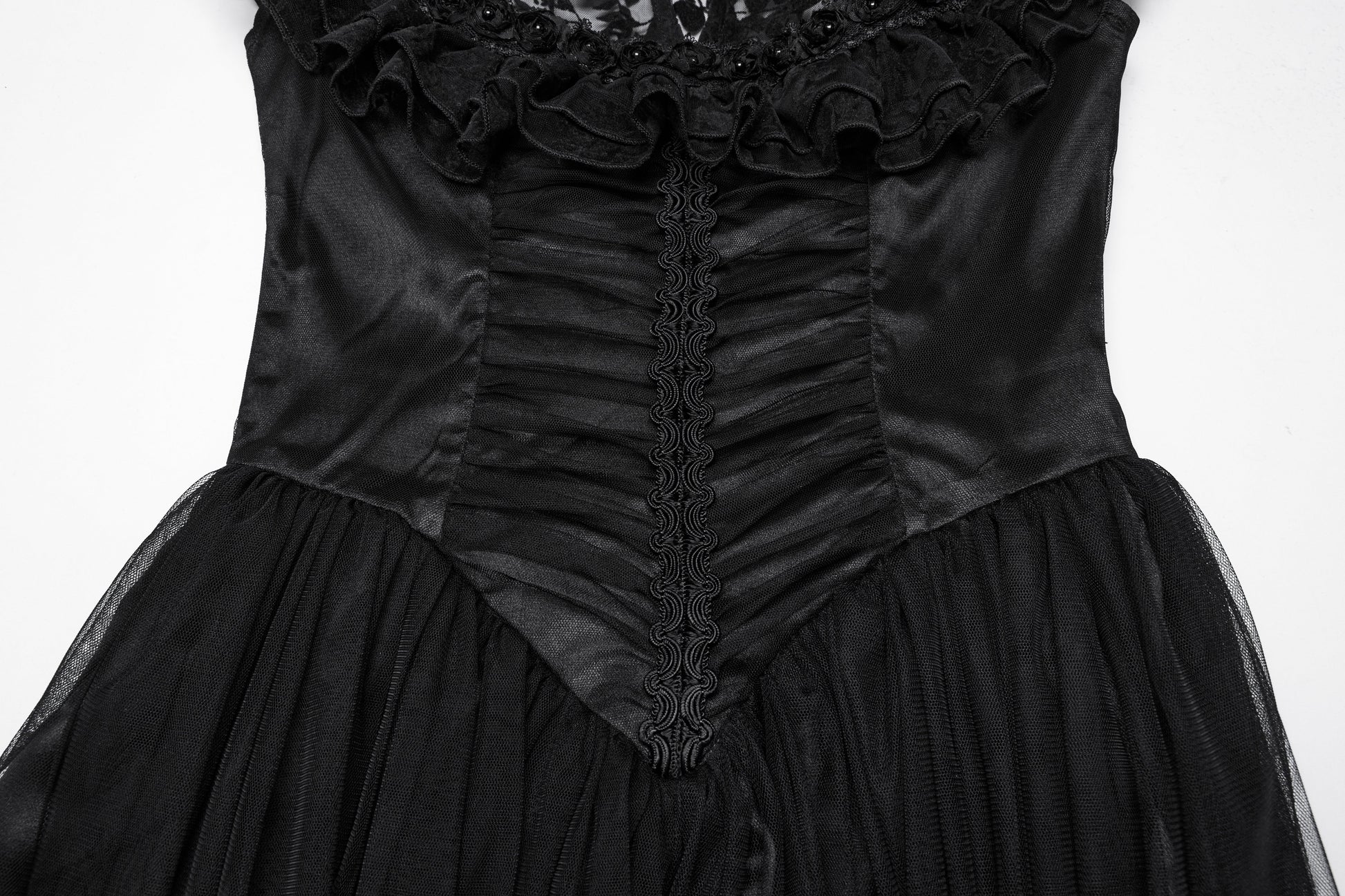 Close-up of the corset bodice of the Punk Rave Seraphina Goth dress, highlighting the luxurious lace ruffle trim and rose embellishments.