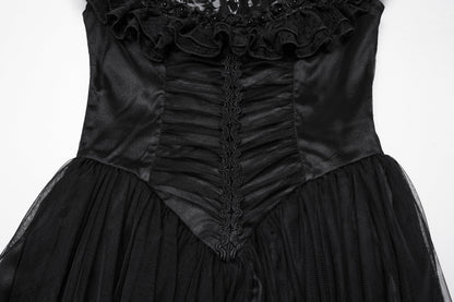 Close-up of the corset bodice of the Punk Rave Seraphina Goth dress, highlighting the luxurious lace ruffle trim and rose embellishments.