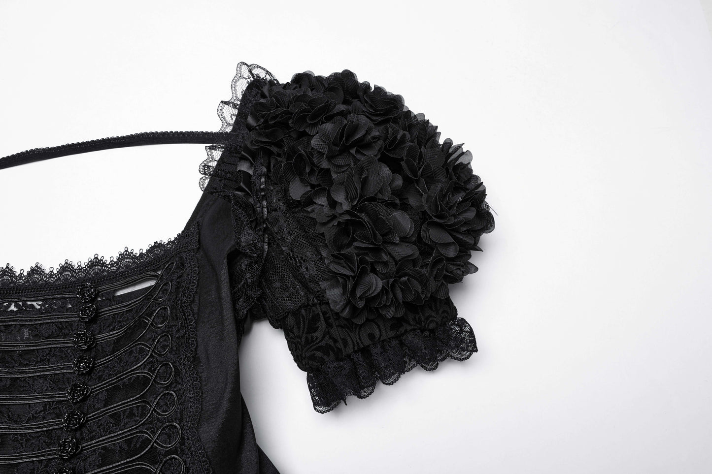 Elegant Punk Rave Lolita dress showcasing intricate 3D embroidered lace and bubble sleeves, perfect for a whimsical fashion statement.