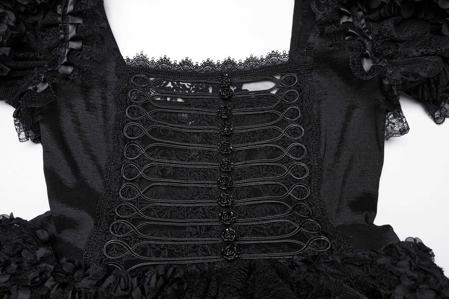 Delicate floral details on the Punk Rave Lolita Sweet Dress, featuring charming rose buttons and a romantic square neckline.