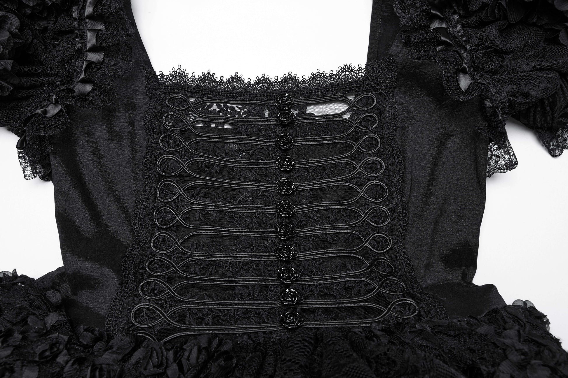 Delicate floral details on the Punk Rave Lolita Sweet Dress, featuring charming rose buttons and a romantic square neckline.