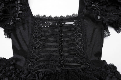 Delicate floral details on the Punk Rave Lolita Sweet Dress, featuring charming rose buttons and a romantic square neckline.