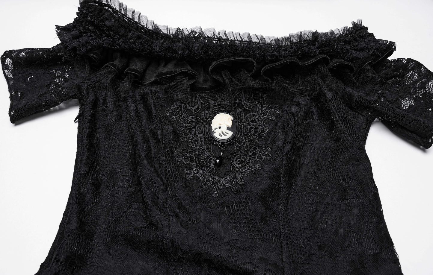 Full outfit display of the Punk Rave Penelope Steampunk Lace Dress in a stylish setting, emphasizing its unique blend of vintage and alternative fashion aesthetics.