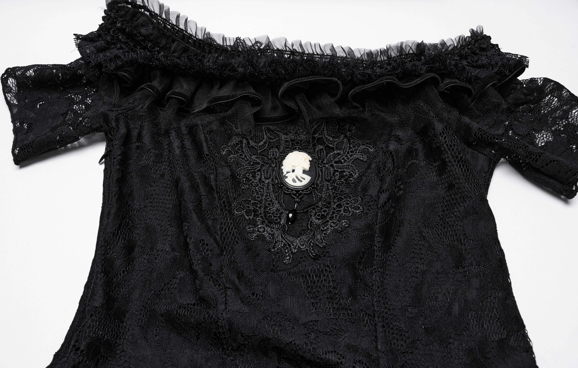 Full outfit display of the Punk Rave Penelope Steampunk Lace Dress in a stylish setting, emphasizing its unique blend of vintage and alternative fashion aesthetics.