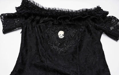 Full outfit display of the Punk Rave Penelope Steampunk Lace Dress in a stylish setting, emphasizing its unique blend of vintage and alternative fashion aesthetics.