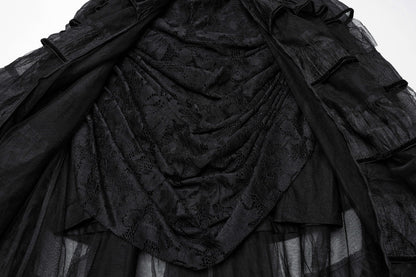 Elegant Punk Rave Penelope Steampunk Lace Dress featuring intricate lace design, ruffled chiffon mesh, and striking Gothic skull embellishments, styled with a romantic collar and pleated skirt.