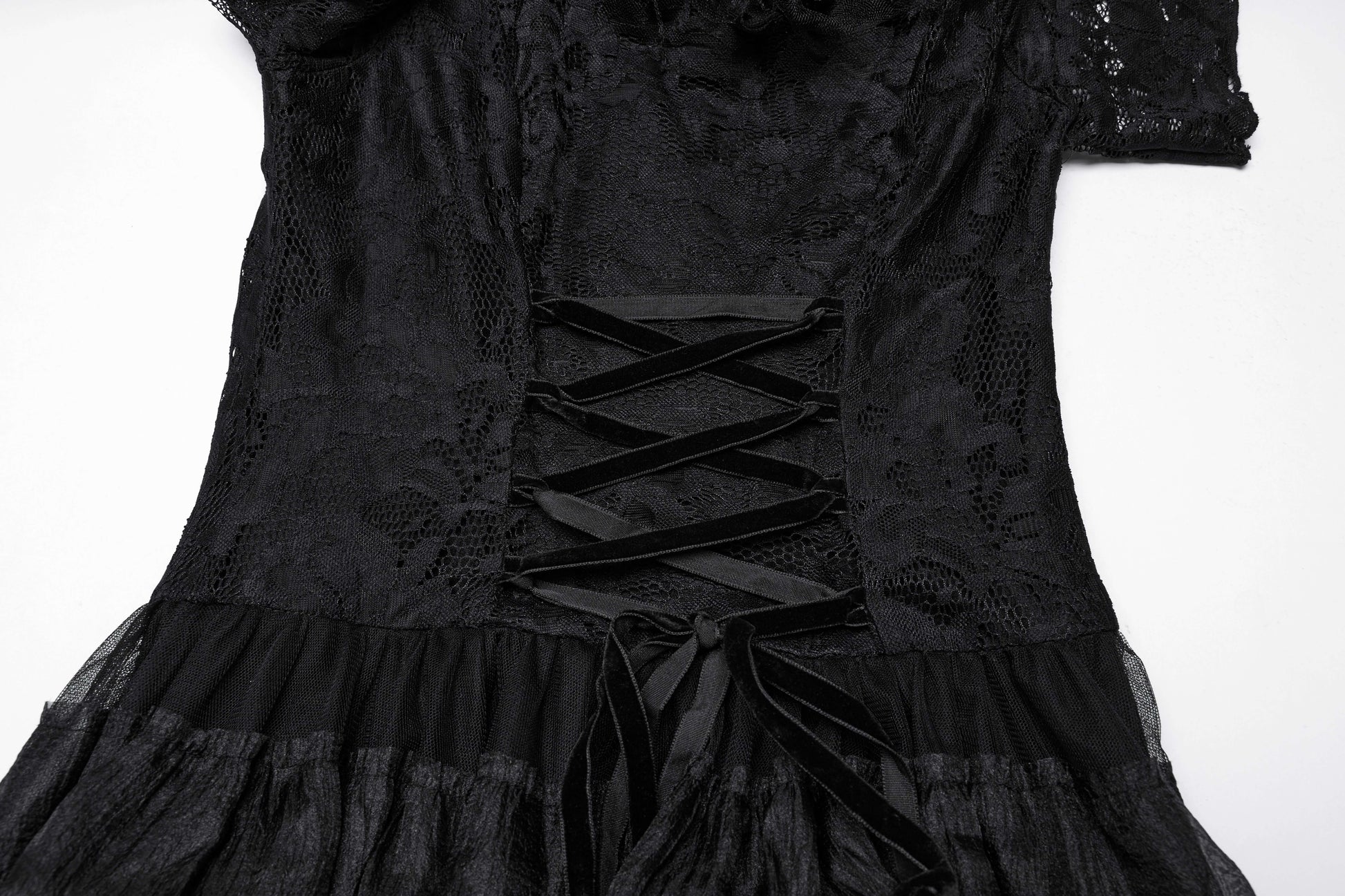 Back view of the luxurious Punk Rave Penelope Steampunk Lace Dress showcasing a cinched drawstring detail and flowing layered chiffon skirt, perfect for a vintage-inspired gothic look.