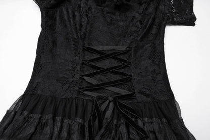 Back view of the luxurious Punk Rave Penelope Steampunk Lace Dress showcasing a cinched drawstring detail and flowing layered chiffon skirt, perfect for a vintage-inspired gothic look.