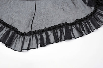 Close-up detail of the Punk Rave Dila chiffon skirt, highlighting the glossy twill fabric, adjustable side drawstrings, and stylish carved buttons.