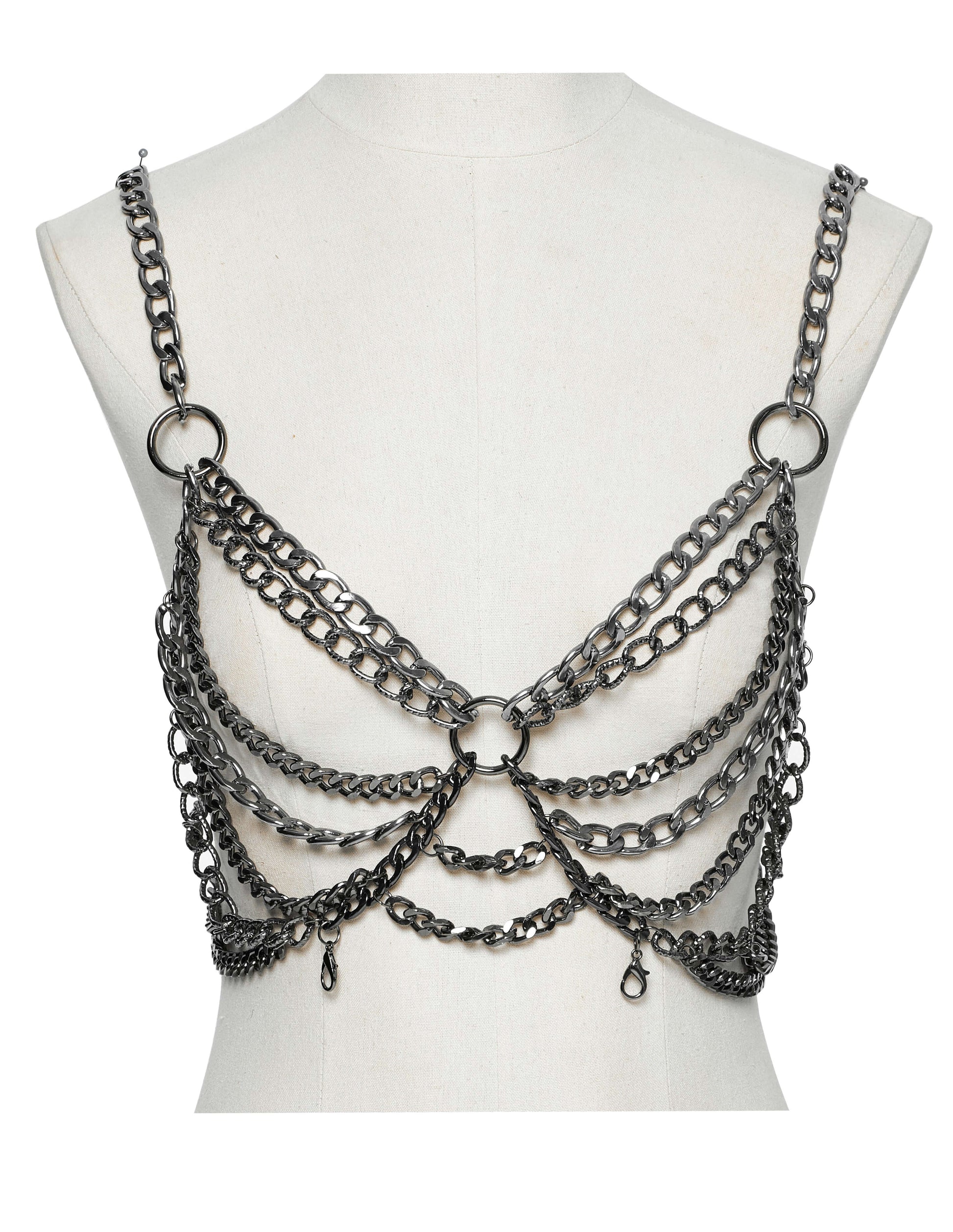 Close-up of the elegant Punk Rave Anslie Aluminium Chain Dress, highlighting the intricate lightweight aluminum chain detail and versatile design.
