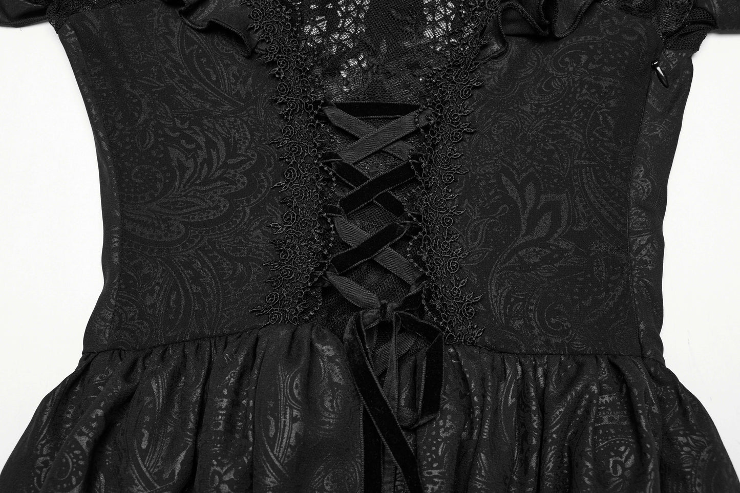 Back view of the Punk Rave Jezebel Elf Off Shoulder Dress, featuring an adjustable back drawstring for a tailored fit, perfect for standing out in any fantasy-themed event.