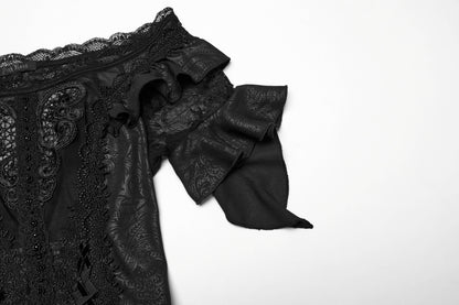 Model wearing the striking Punk Rave Jezebel Elf Dress with high-low hemline, presenting a spellbinding silhouette that blends elegance and edginess.