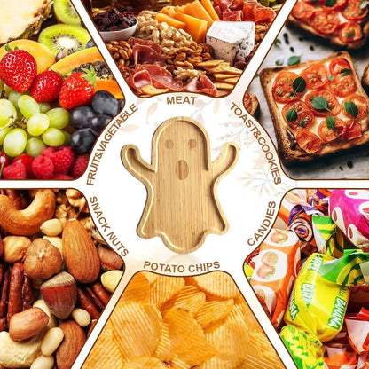 Halloween Ghost Wood Pan Plates - A luxurious bamboo charcuterie board designed in the shape of a ghost, beautifully surrounded by an array of gourmet snacks, fruits, and cheeses, ideal for Halloween celebrations.